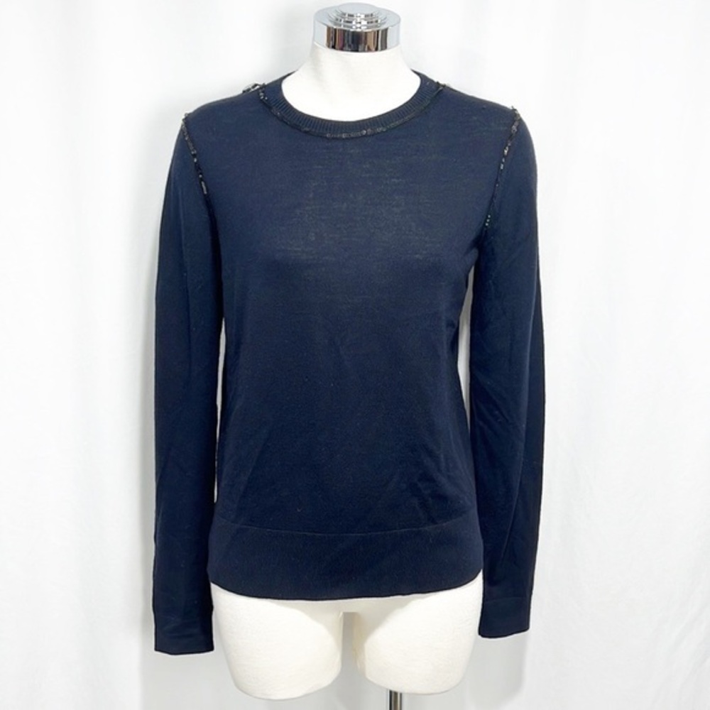 DOROTHEE Schumacher Midnight Blue Sequin Trim 100% Virgin Wool Sweater Small